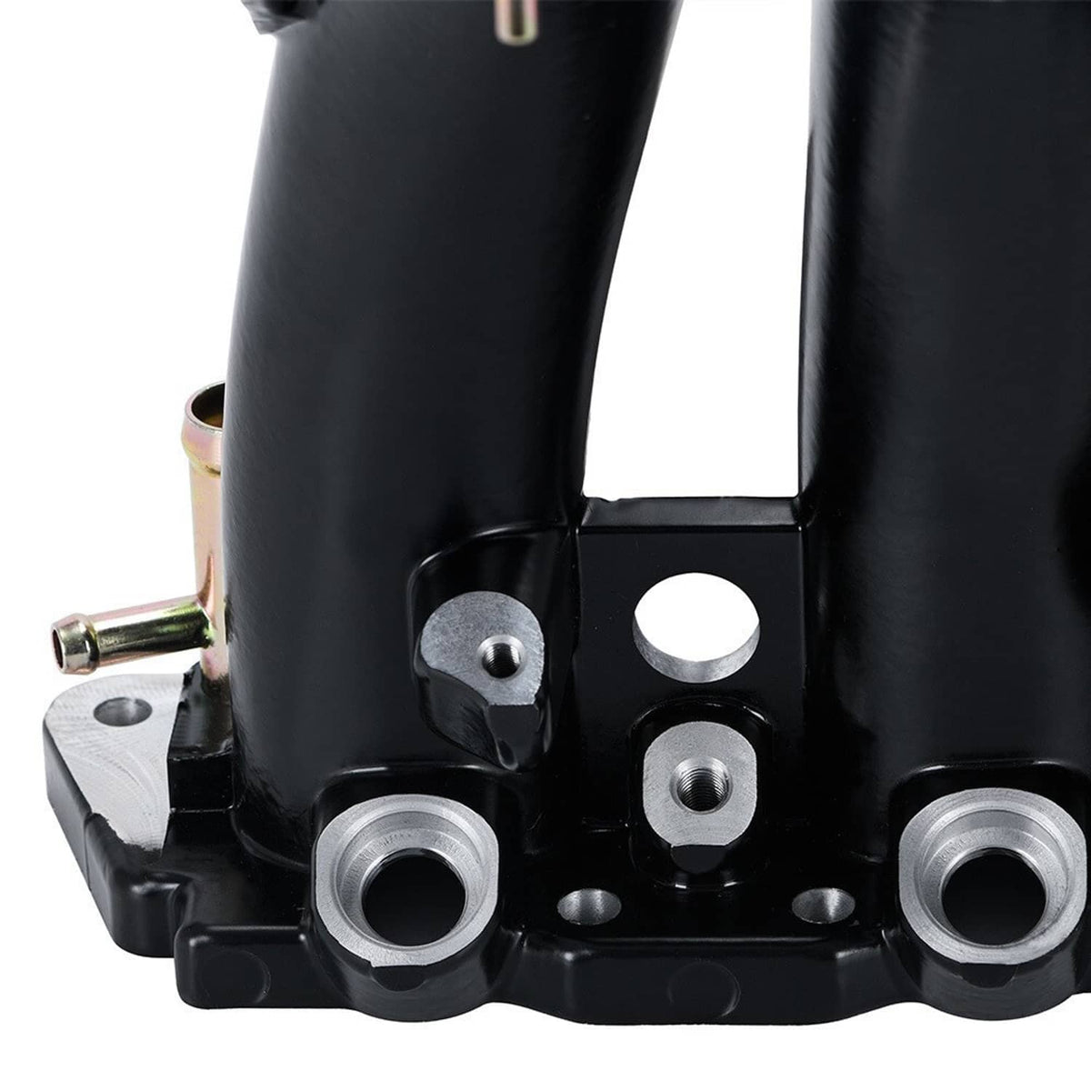 Black intake manifold lower section with circular inlet ports and mounting bolts