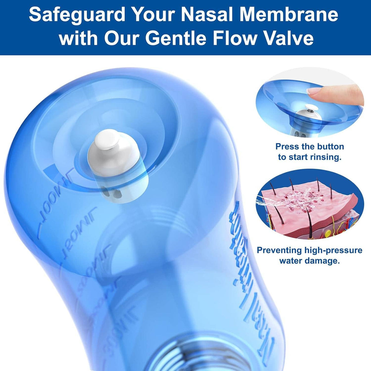 Blue nasal rinse bottle with gentle flow valve button on top and white inner cap