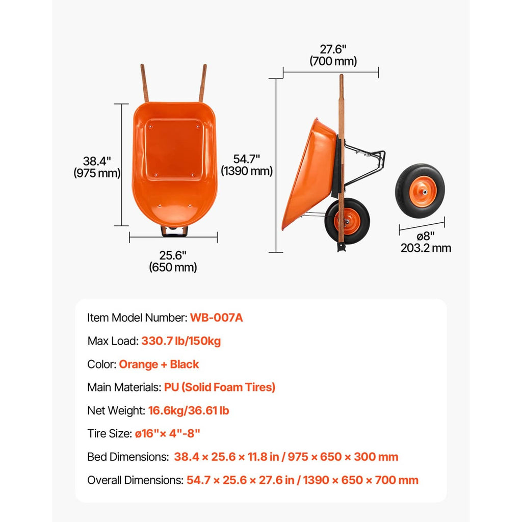 Orange and black one-wheel dump cart with wooden handles, size diagram view
