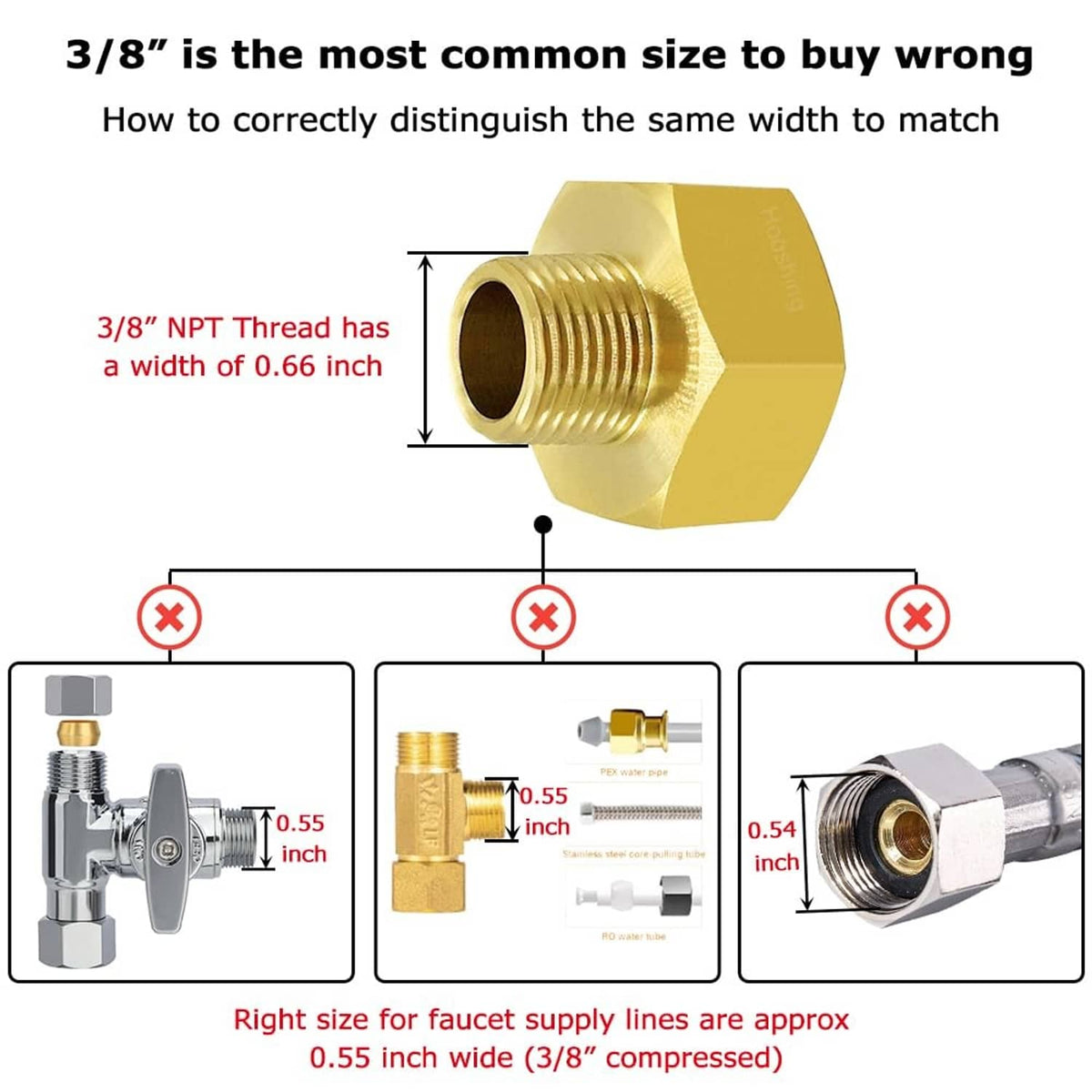 3/8 in NPT thread width sizing diagram for garden hose adapter