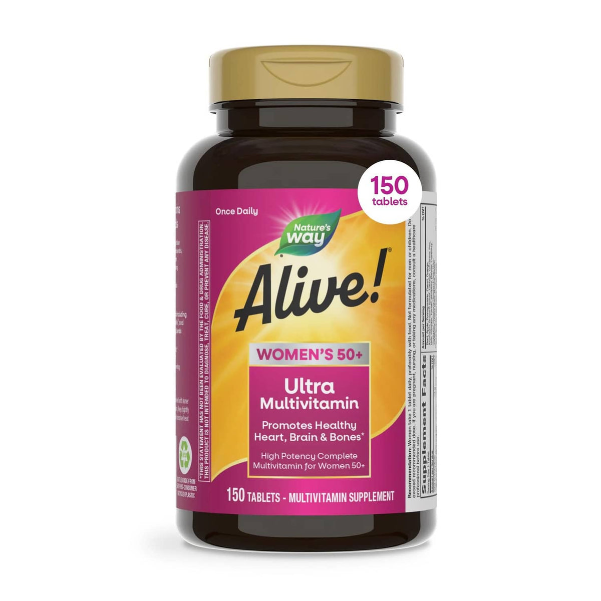 Nature's Way Alive! women’s 50+ ultra multivitamin bottle, 150 tablets, daily supplement.