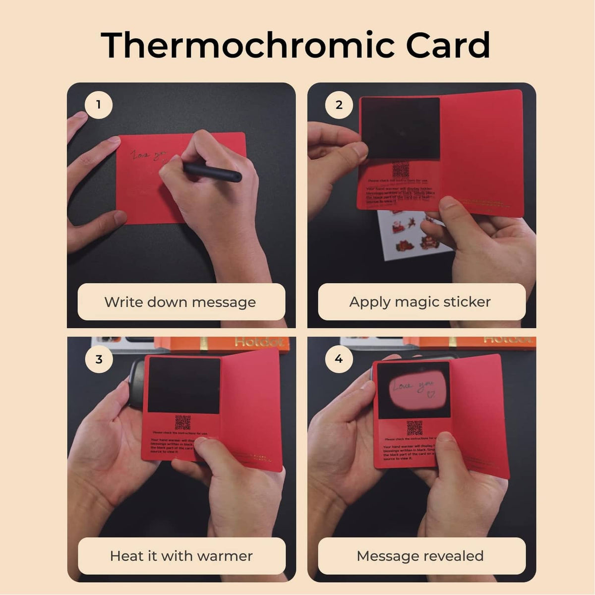 Thermochromic message card being written on with a hand holding a stylus