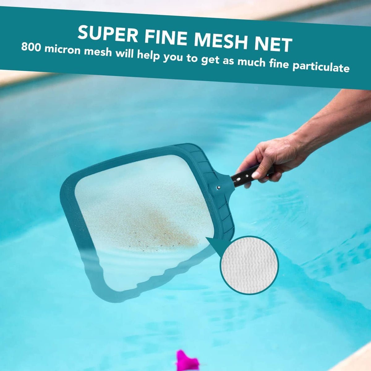 Fine white mesh pool leaf skimmer net with teal frame and black handle