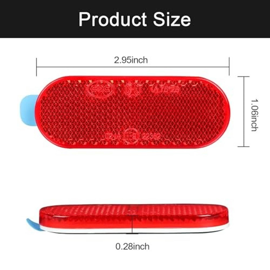 Red oval reflector sticker for gate posts, shown with size measurement marks
