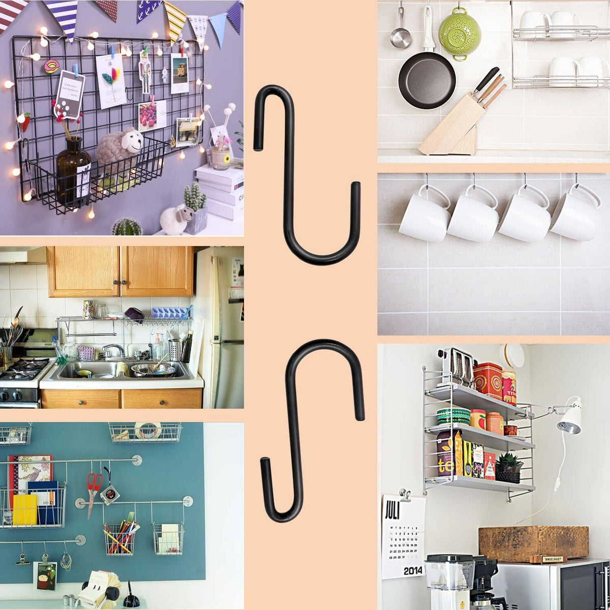 Black S hooks for hanging storage, two hooks shown on wall