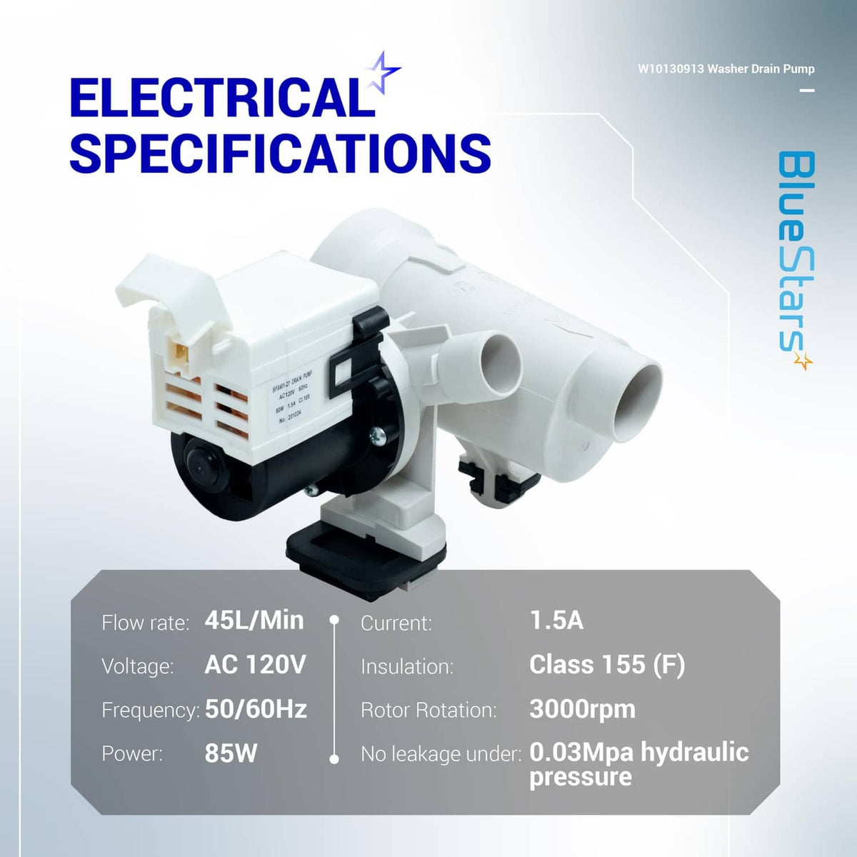Washer drain pump assembly electrical specifications, white housing, 120V 85W