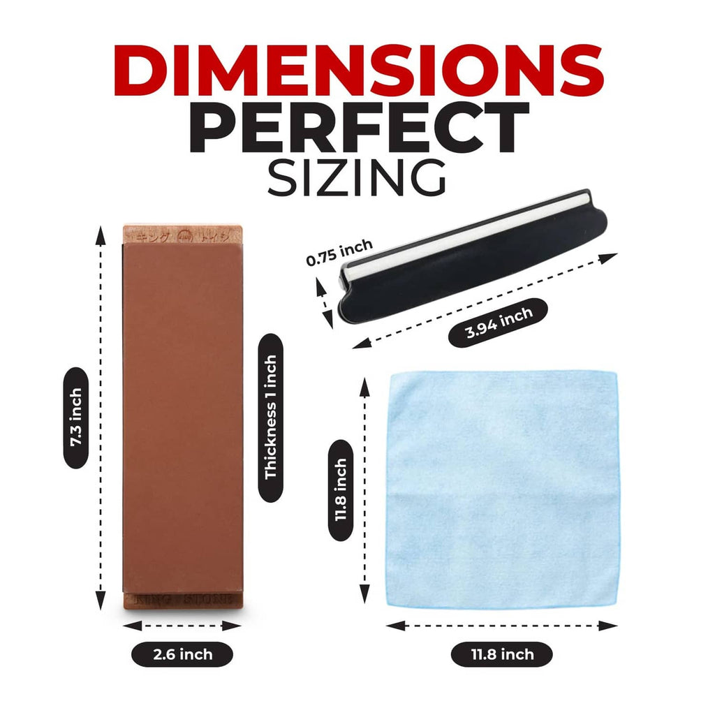 Brown whetstone and blue wiping cloth shown with size measurements