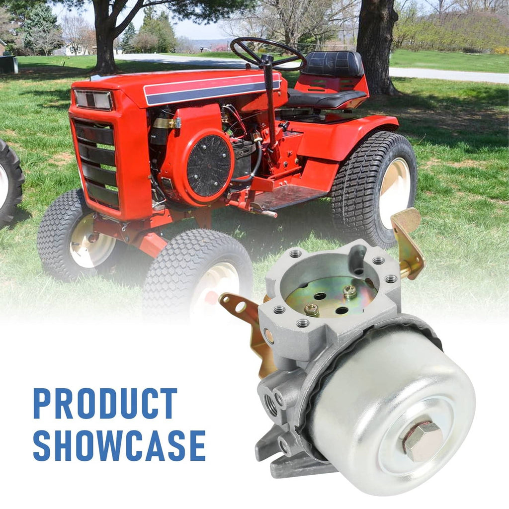 Carburetor component with round inlet, shown on an orange lawn tractor