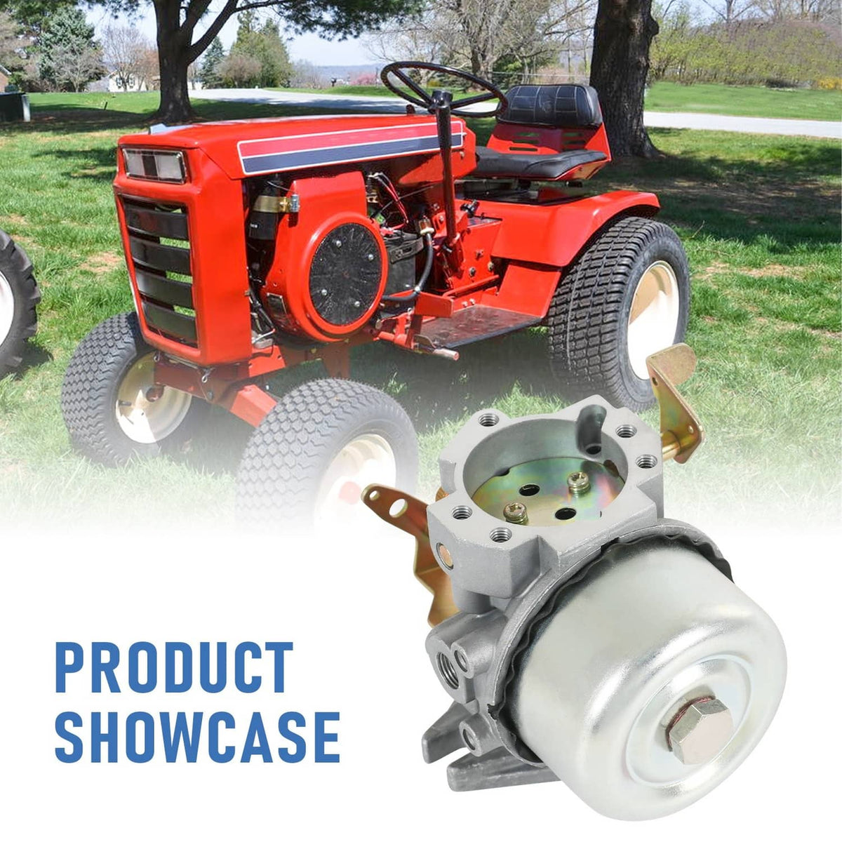 Carburetor component with round inlet, shown on an orange lawn tractor