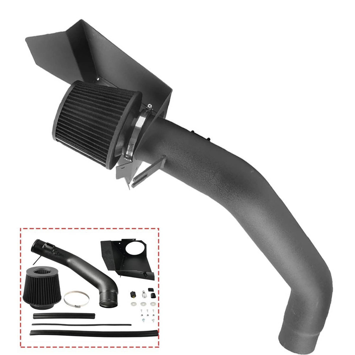 Cold air intake system with cone filter, heat-shield box, and curved intake tube