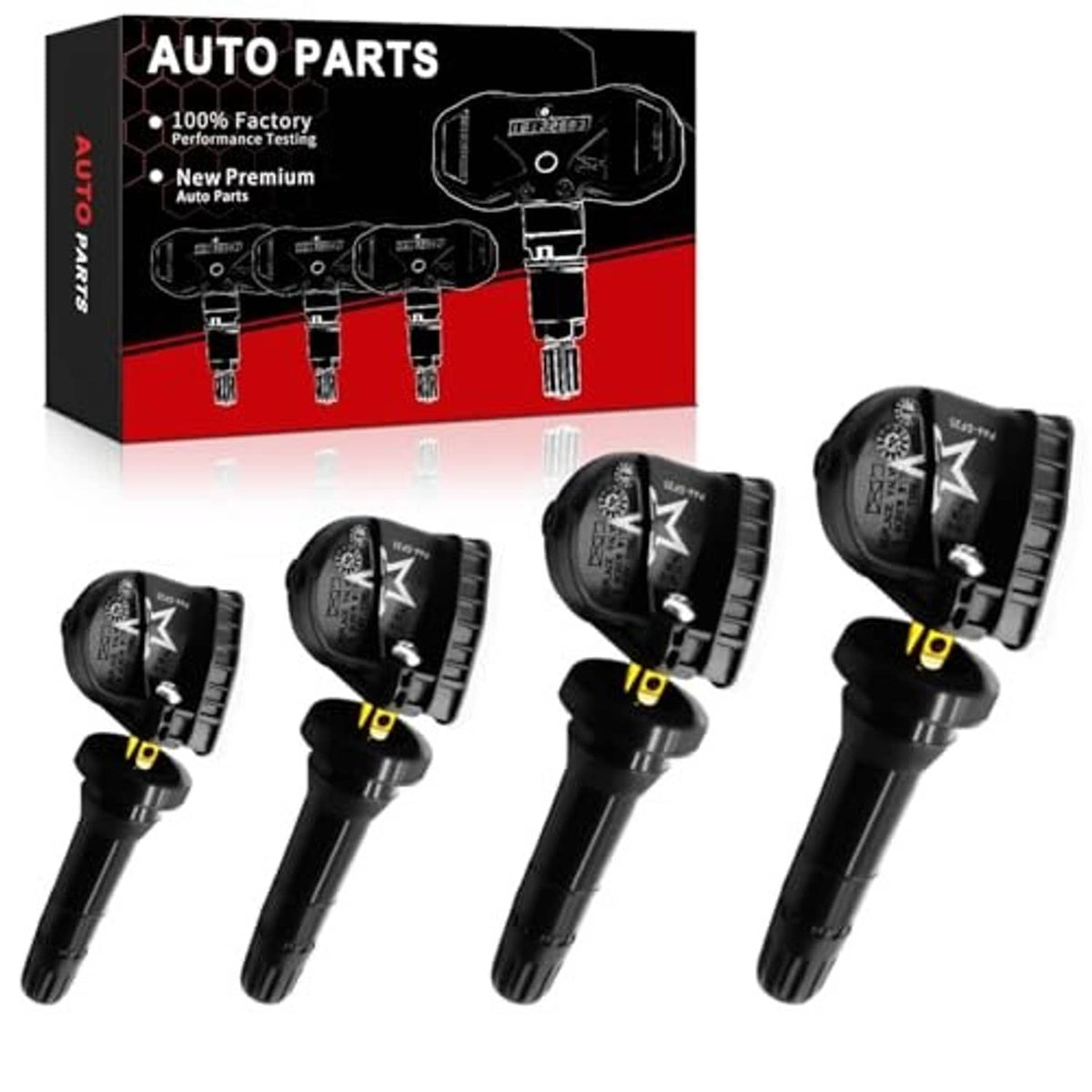 Multiple black TPMS tire sensors with valve stems and yellow band, side-by-side