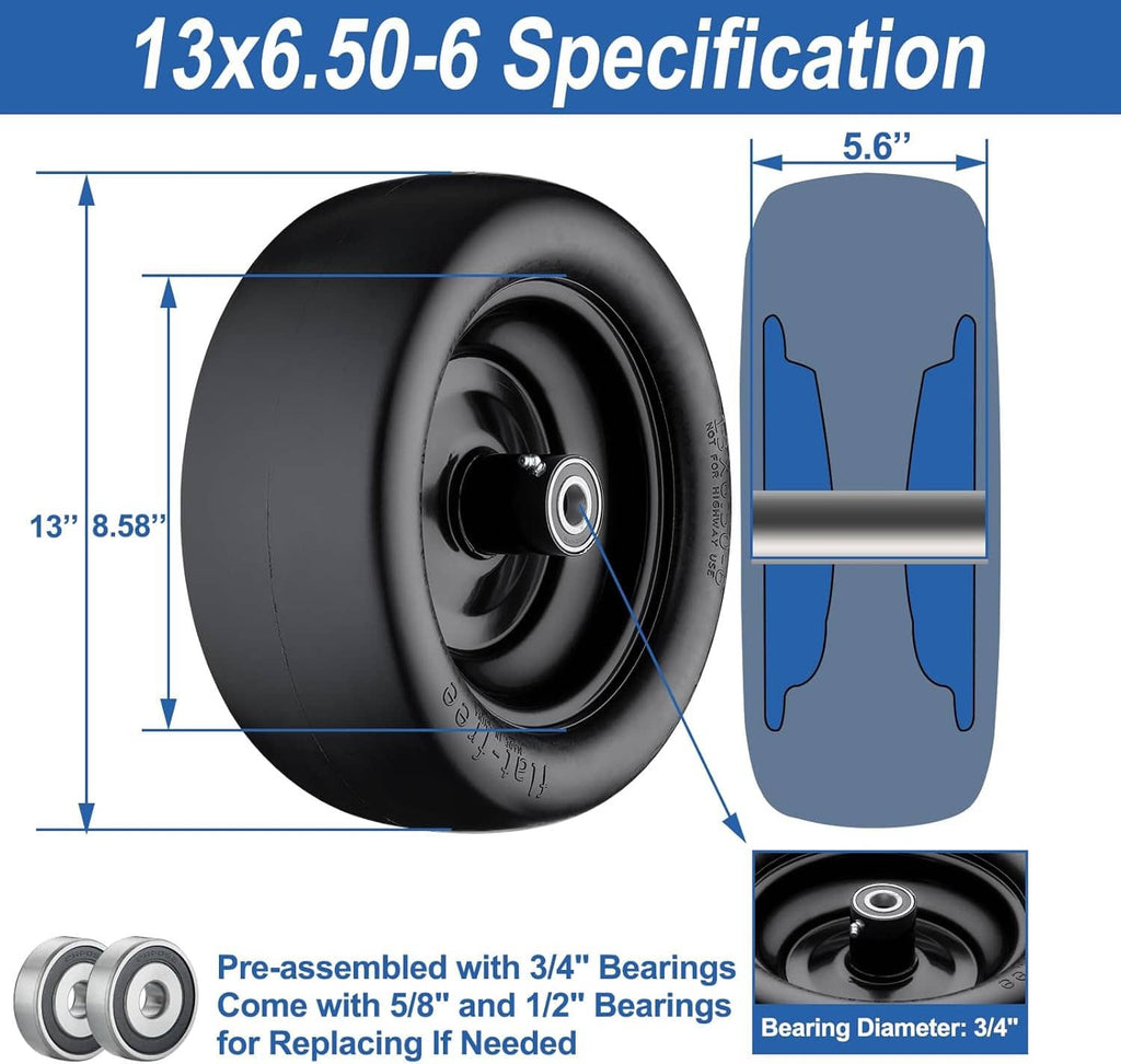13x6.50-6 tire set with 3/4-inch bearing hub, side view and spare parts layout
