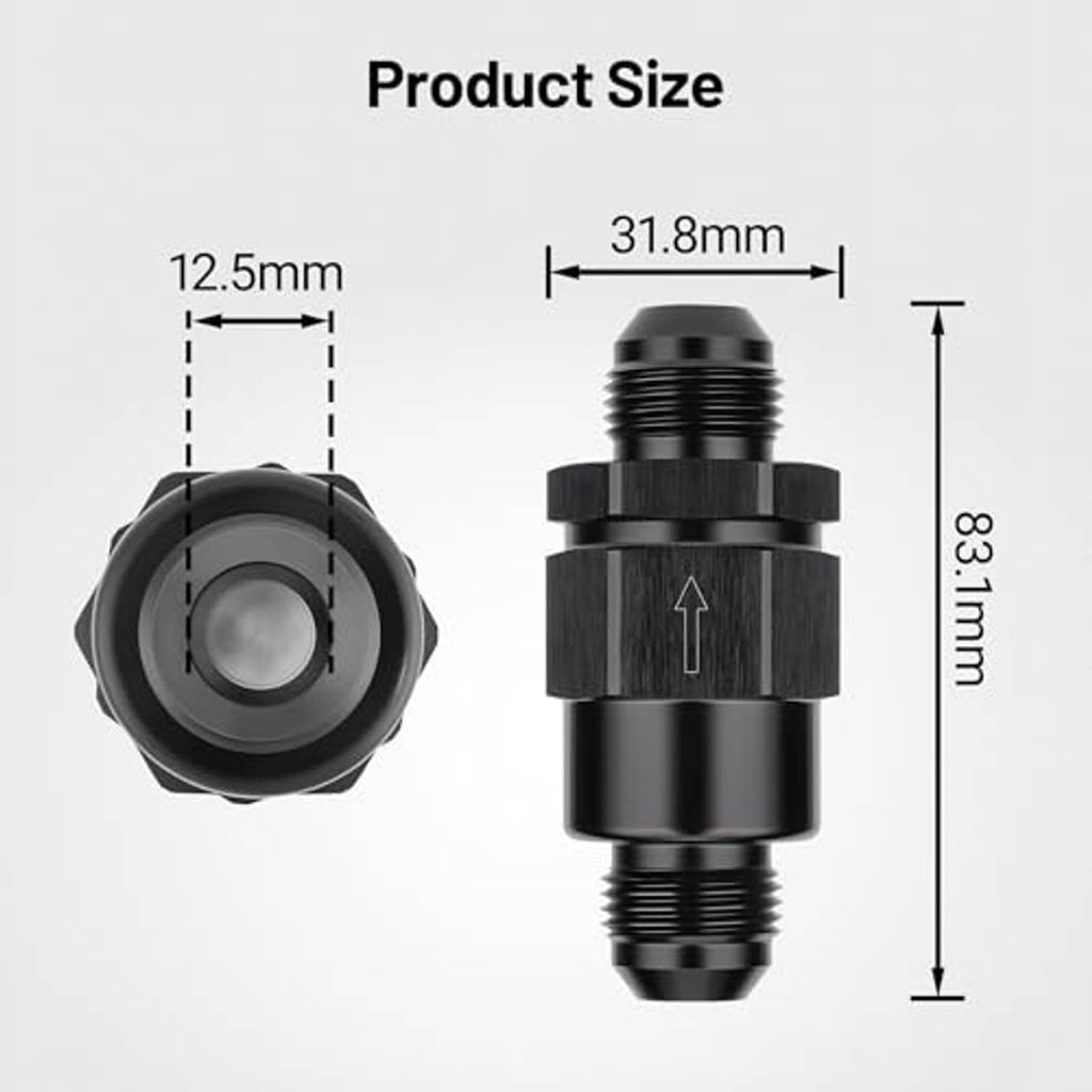 Black one-way check valve fitting with threaded ends and central body, dimension view