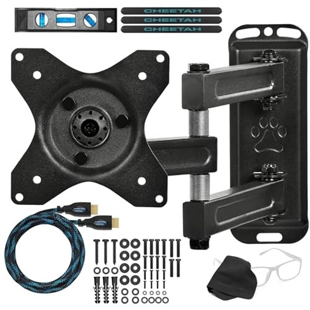 Black TV wall mount kit including bracket, hardware bags, and blue braided HDMI cable