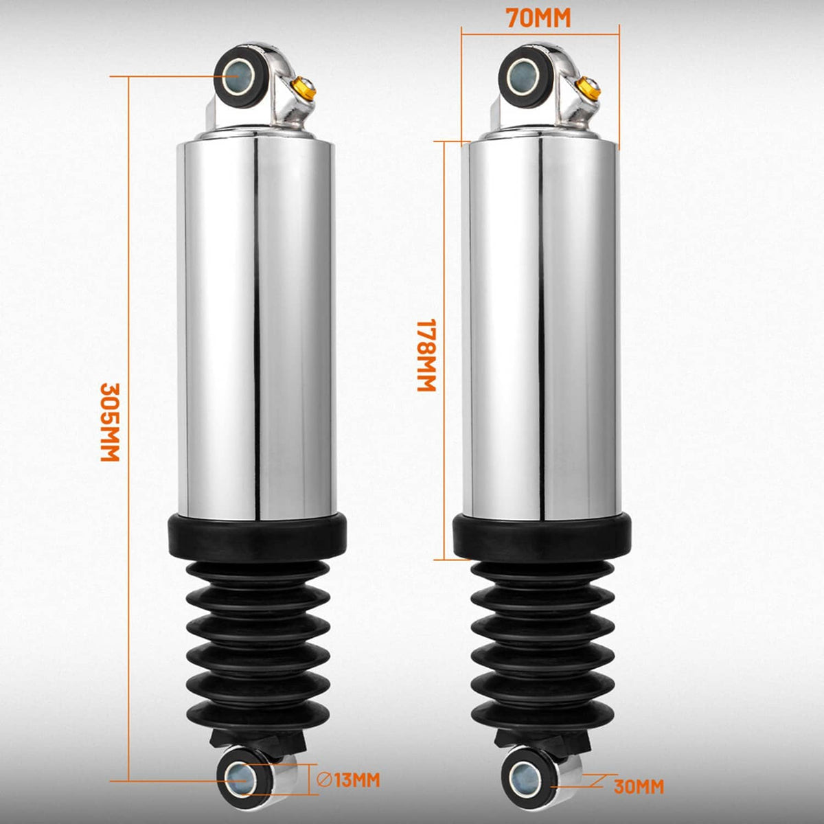 Chrome air shock absorbers with height dimensions over the front view