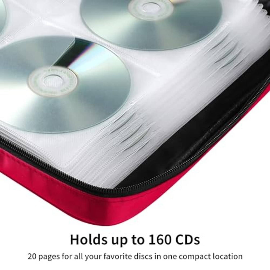 Red CD storage case close-up of zipper edge with CDs in protective sleeves