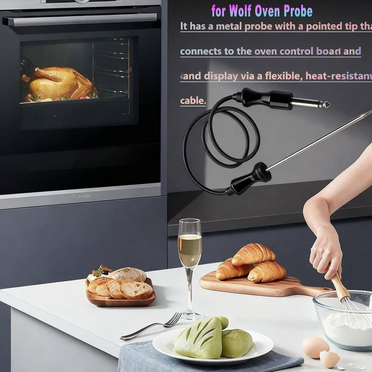 Wolf oven temperature probe with metal tip and flexible black cable connected near oven door
