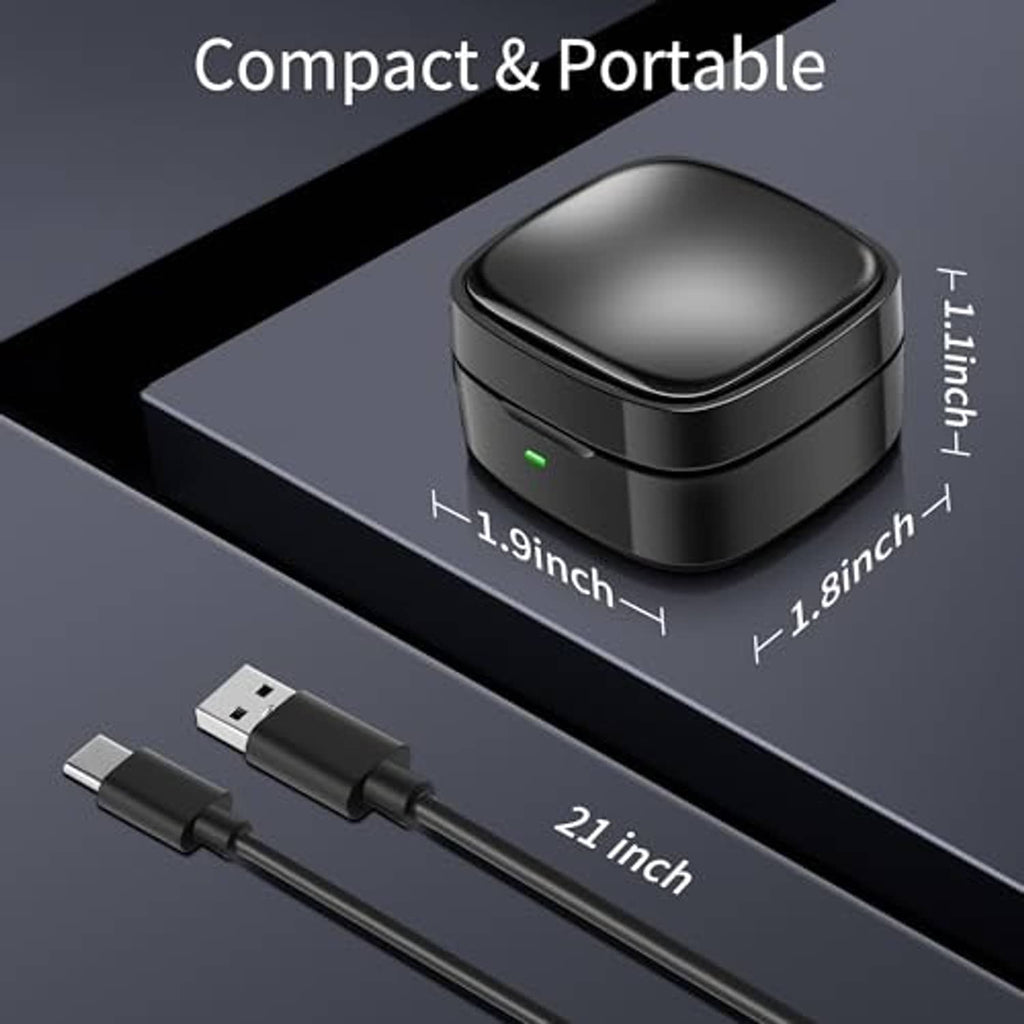 Compact black charging case with USB cable and round charging dock