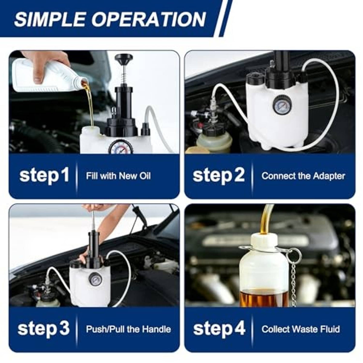 Brake pressure bleeder kit in use with bottle, gauge, and adapter connected to reservoir