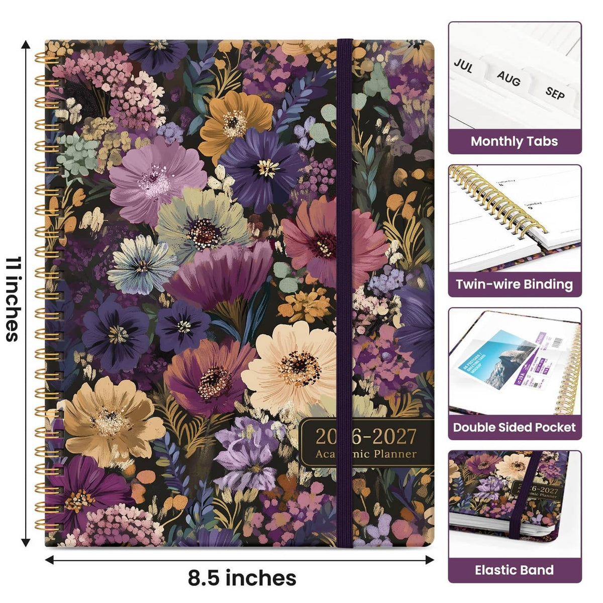 Floral planner cover with elastic band, twin-wire binding, and monthly tabs