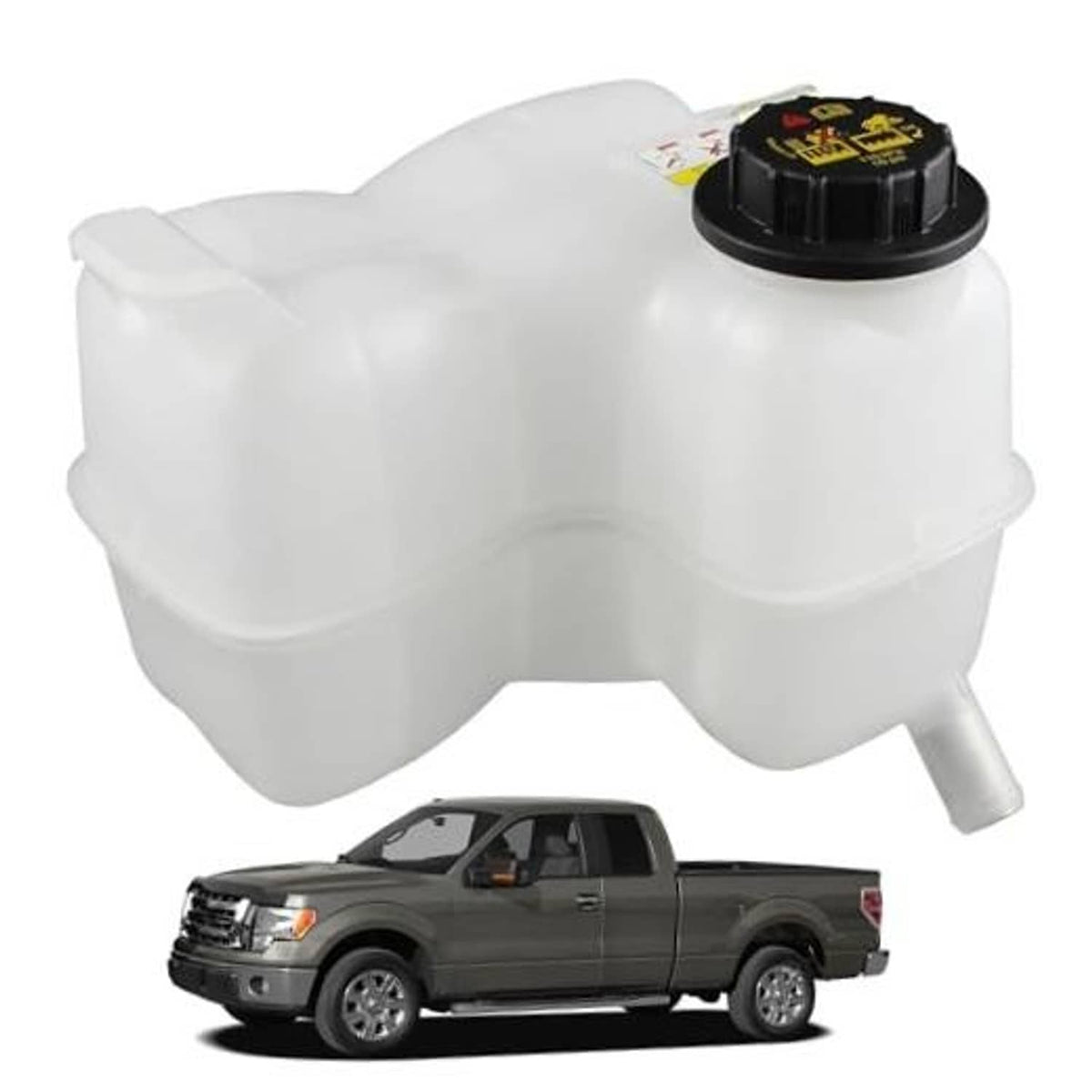 White engine coolant overflow reservoir tank with black cap and side outlet