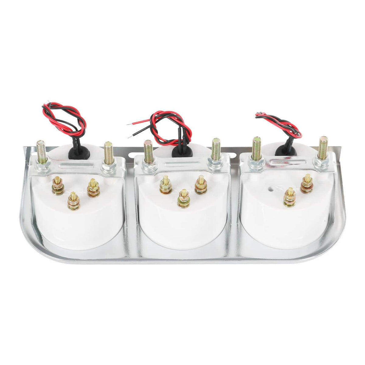 Triple gauge set rear view showing three chrome cylinders and brass ports with wires