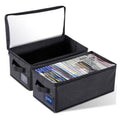 Foldable black storage box with clear top window and front label pocket, open view