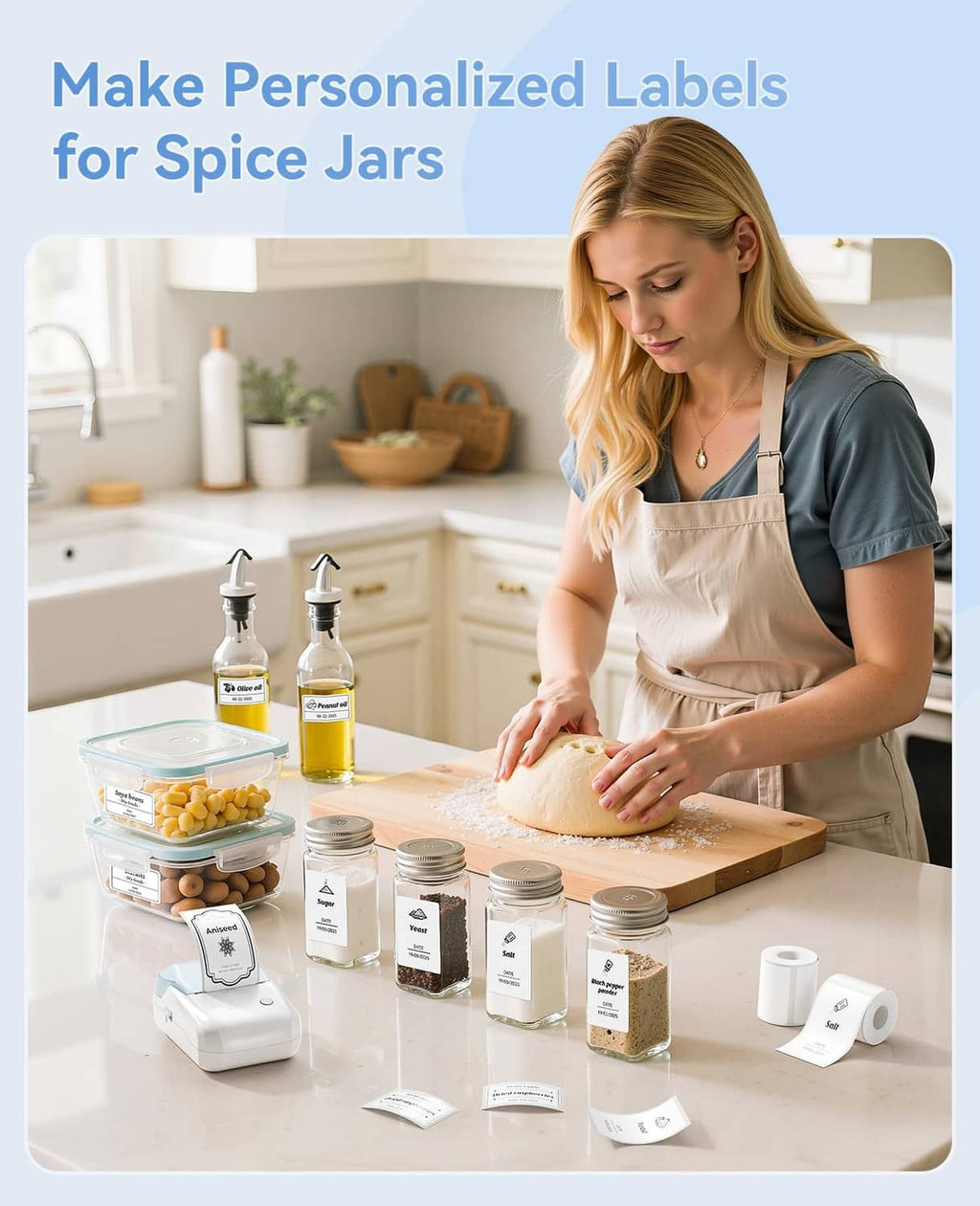 Light blue label printer creating labels for jars on a kitchen counter