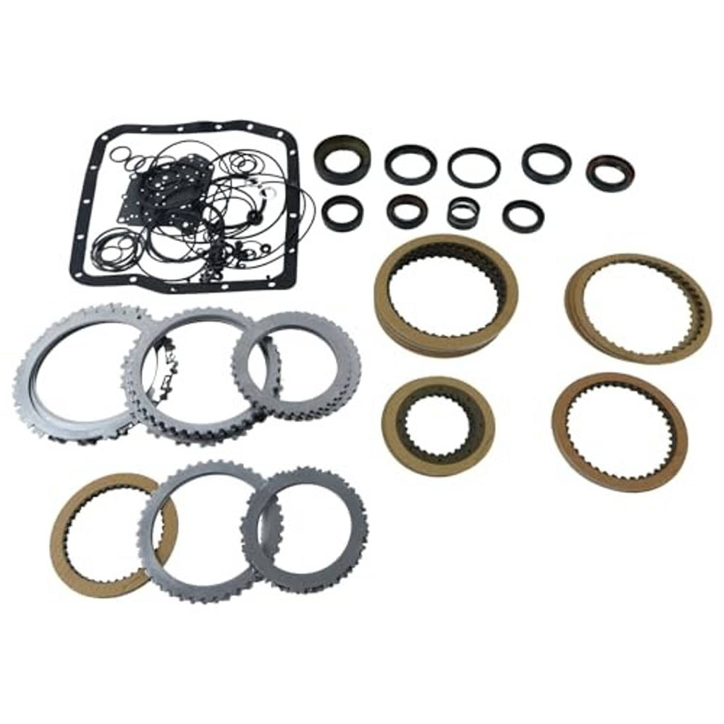 Transmission rebuild kit parts: gasket, O-rings, silver and tan friction discs