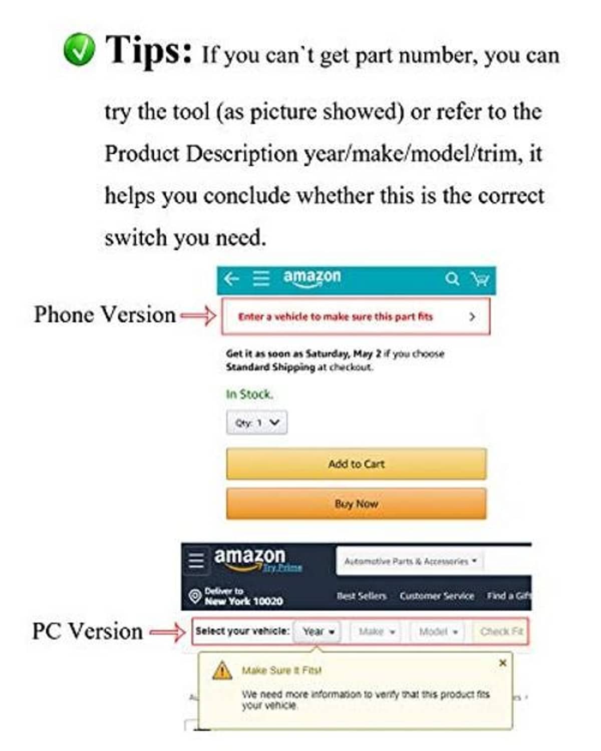 Online listing screenshot showing vehicle compatibility prompts for the window switch