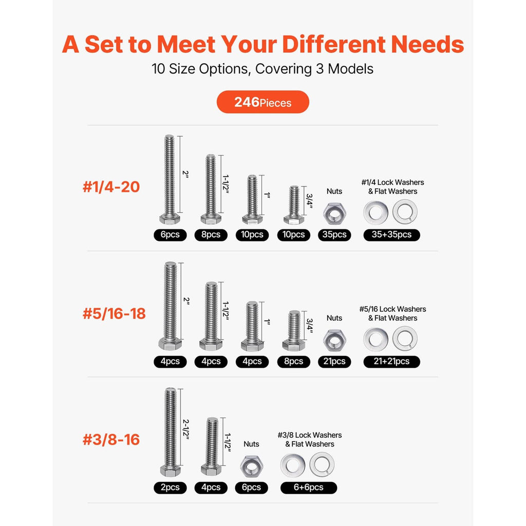 Bolt and nut assortment size chart with imperial screw and washer quantities