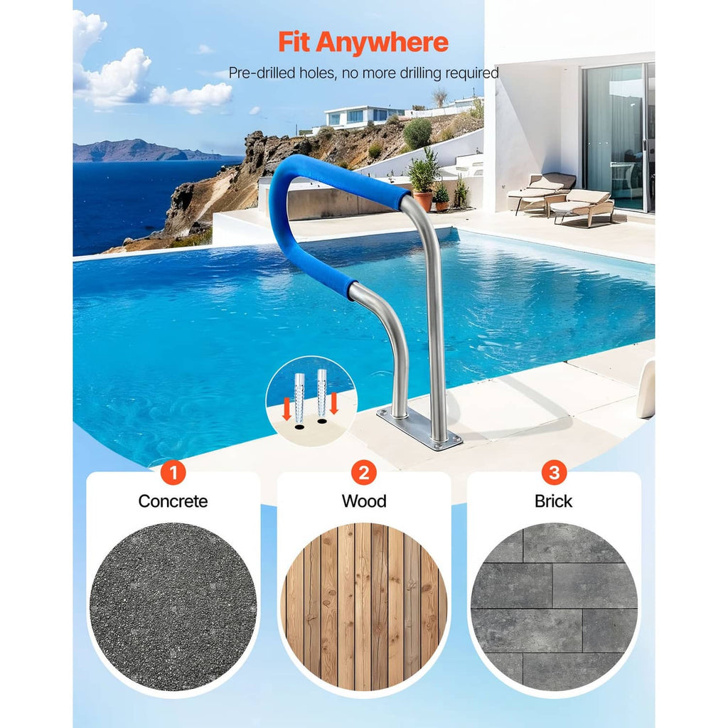 Stainless steel pool handrail with blue padded rails and flanged mounting base
