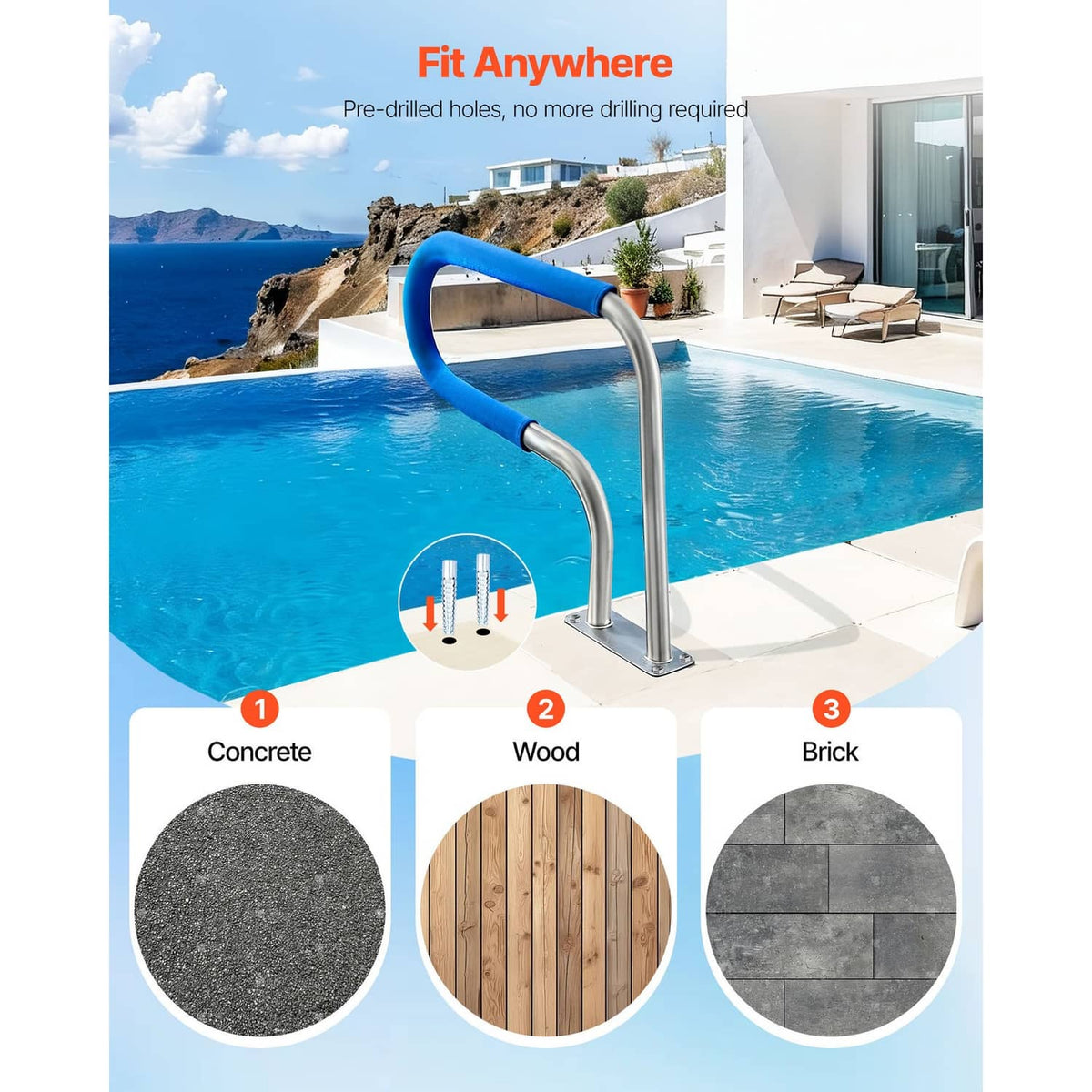 Stainless steel pool handrail with blue padded rails and flanged mounting base