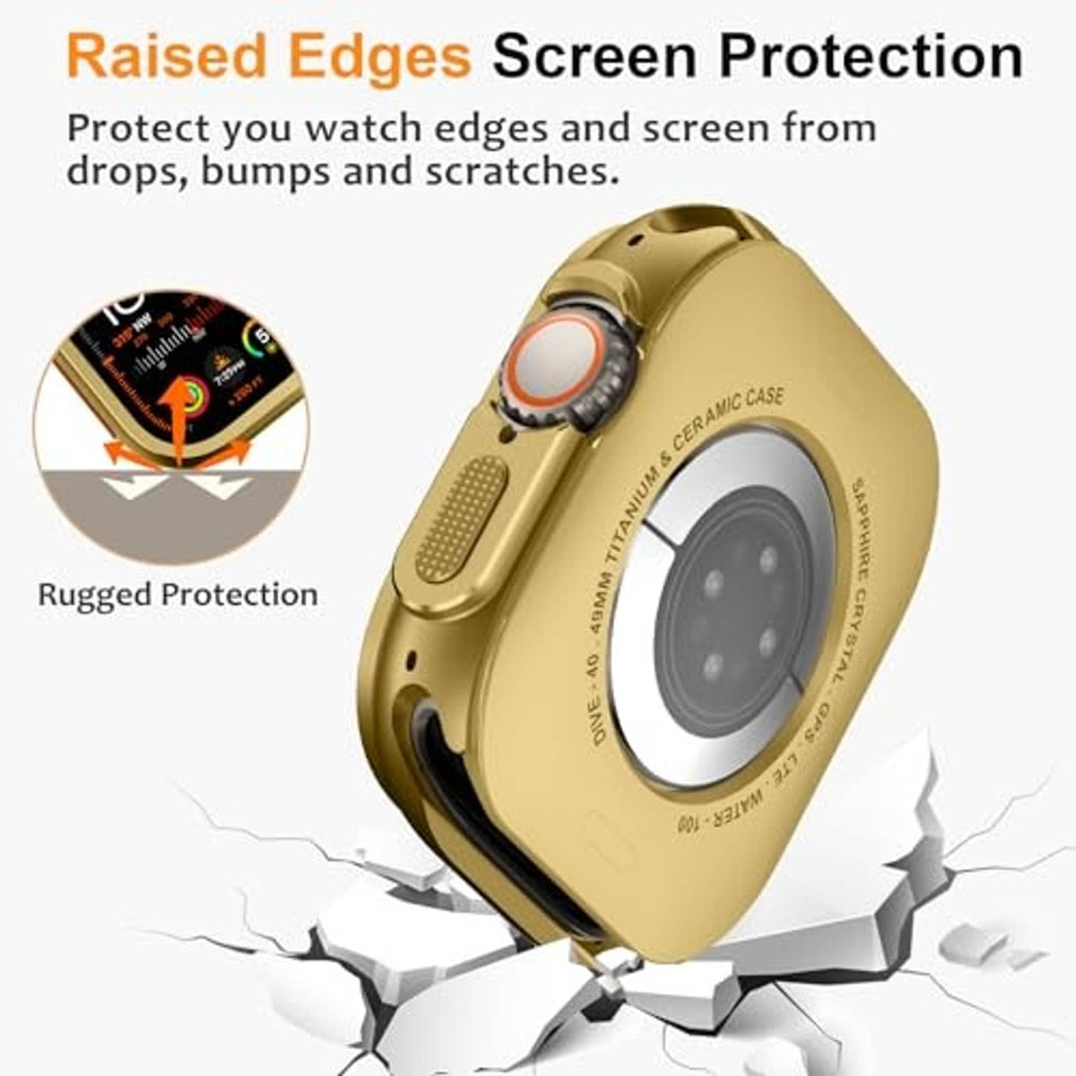 Gold metal watch case with raised edges screen protection and camera lens opening