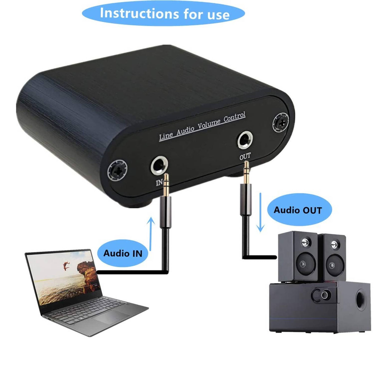 Audio volume controller box with 3.5mm IN/OUT connections and volume knob, dark metal.
