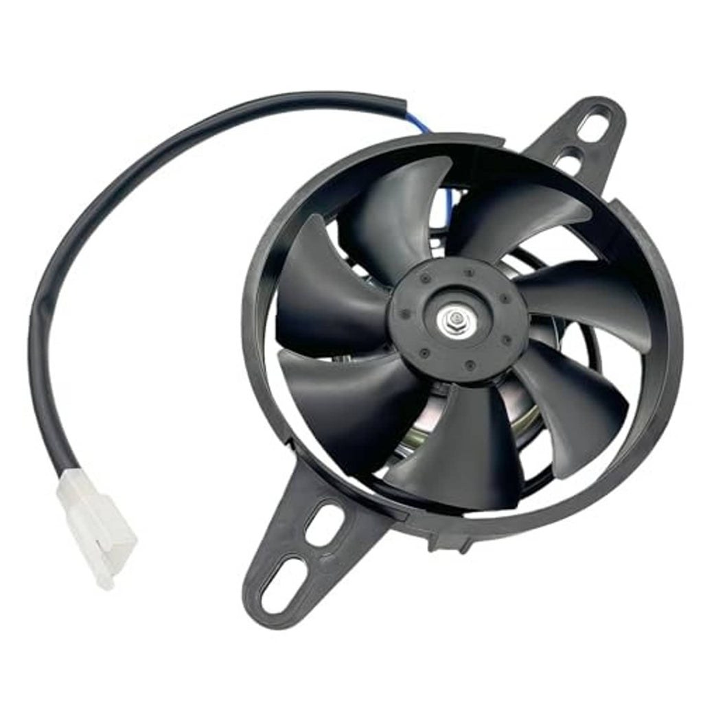 Black 12V DC radiator cooling fan with five blades and side mounting ears, blue lead.