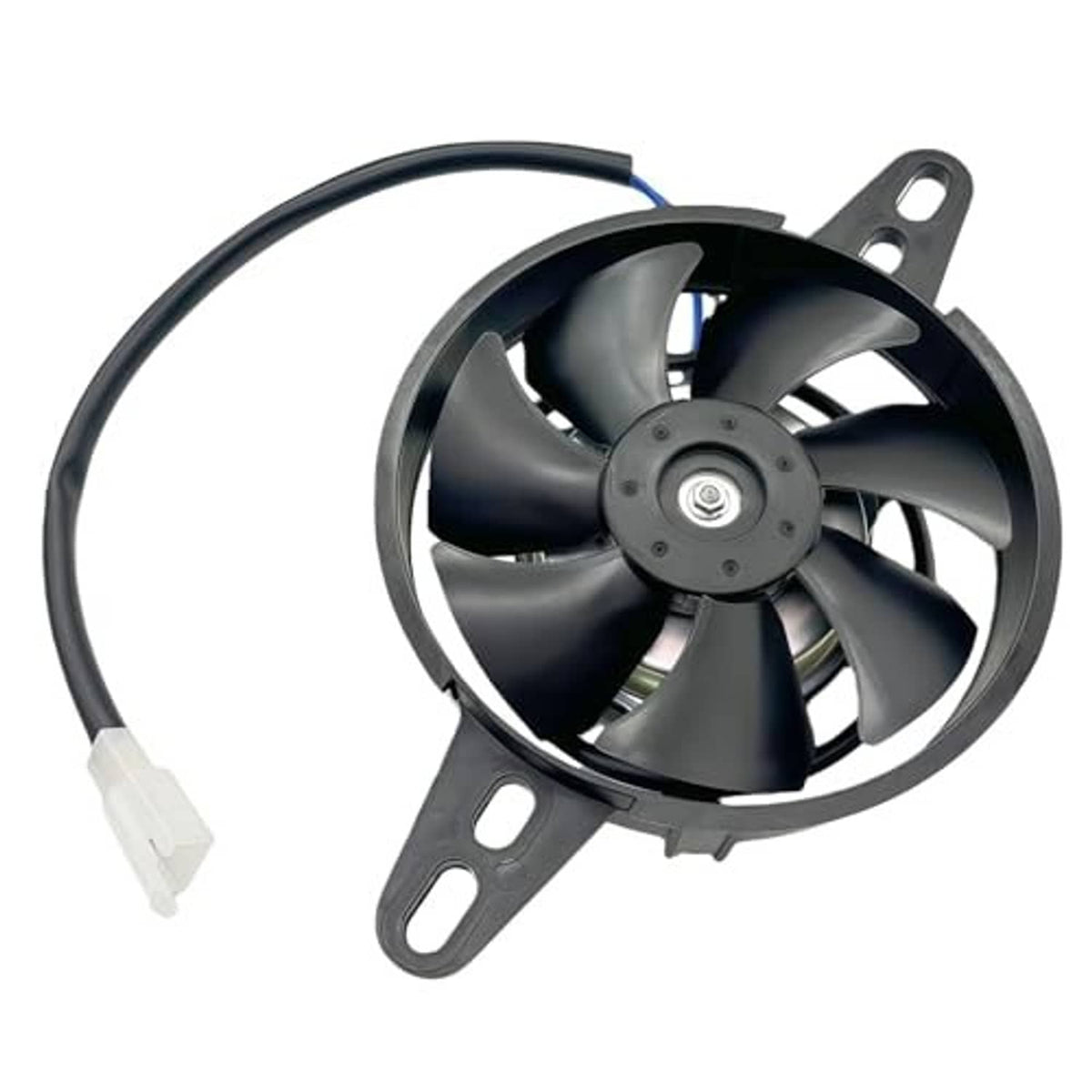 Black 12V DC radiator cooling fan with five blades and side mounting ears, blue lead.