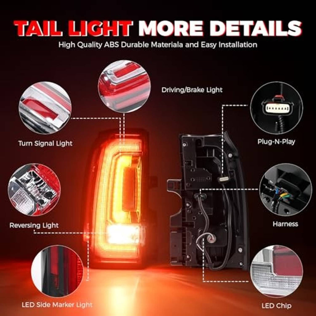 Tail light assembly detail showing red and clear lens sections with internal LED light design.