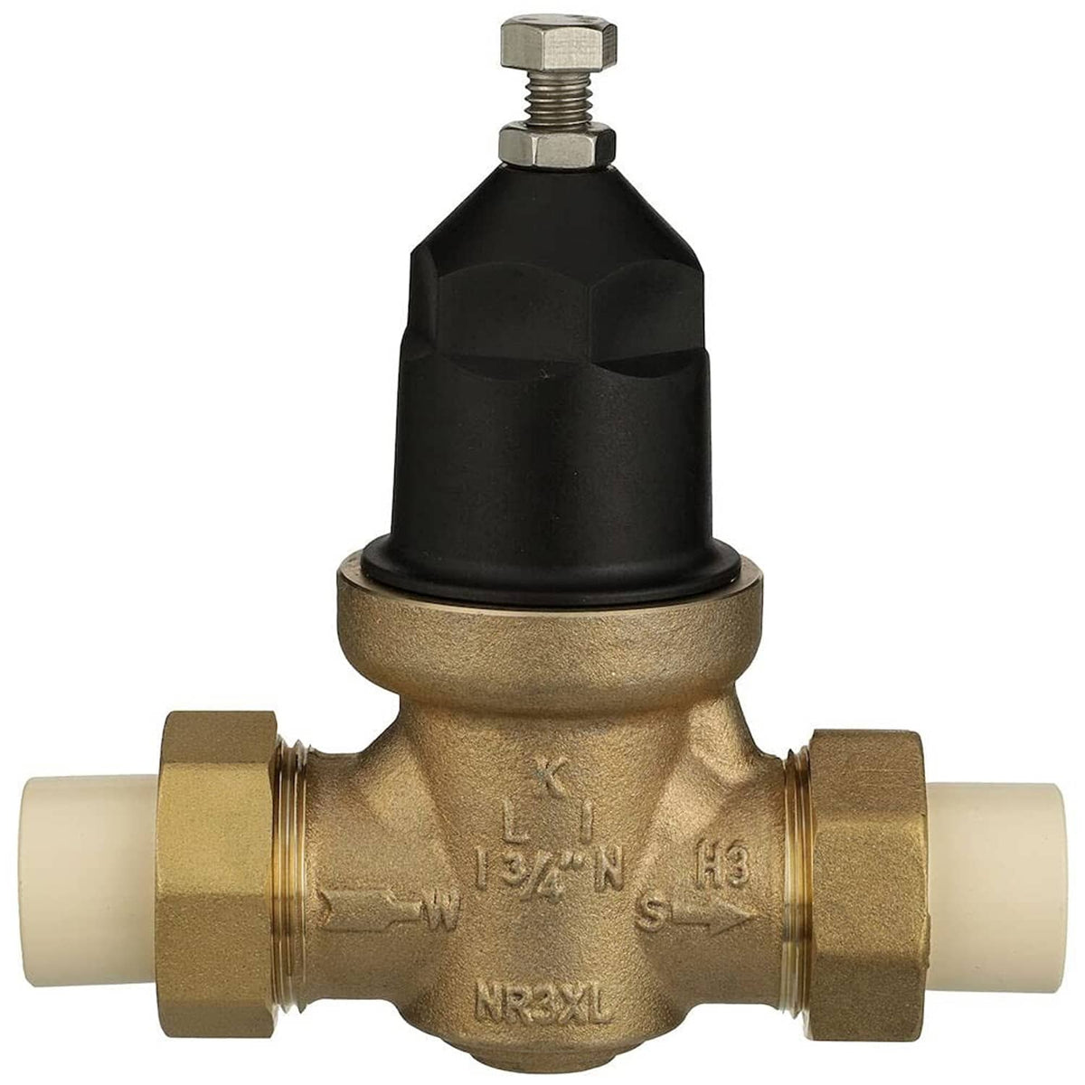 Pressure reducing valve with black diaphragm and brass body, with threaded connections