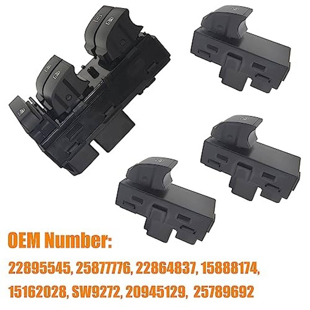 Black power window master switch with three passenger switches, blue icon buttons