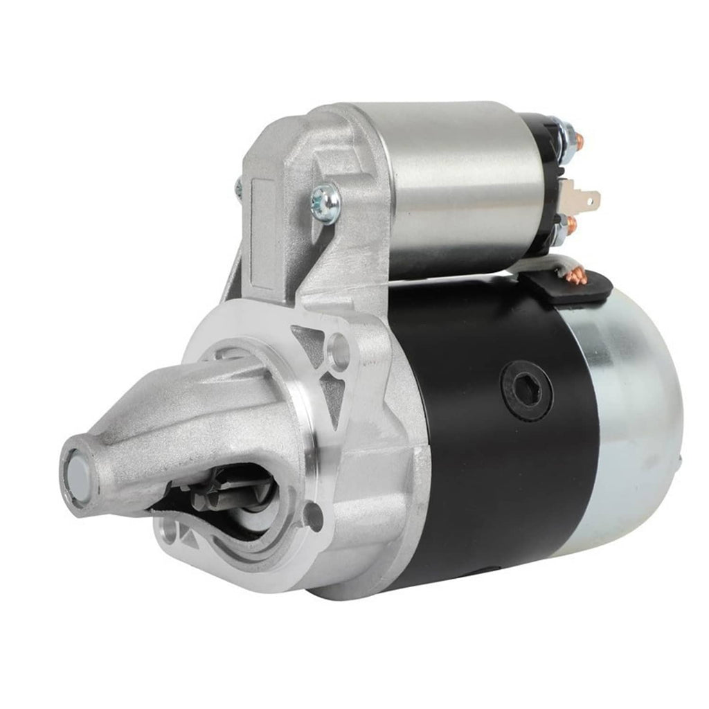 Lawn tractor starter motor with silver housing and black body, electrical terminals on top