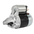 Lawn tractor starter motor with silver housing and black body, electrical terminals on top