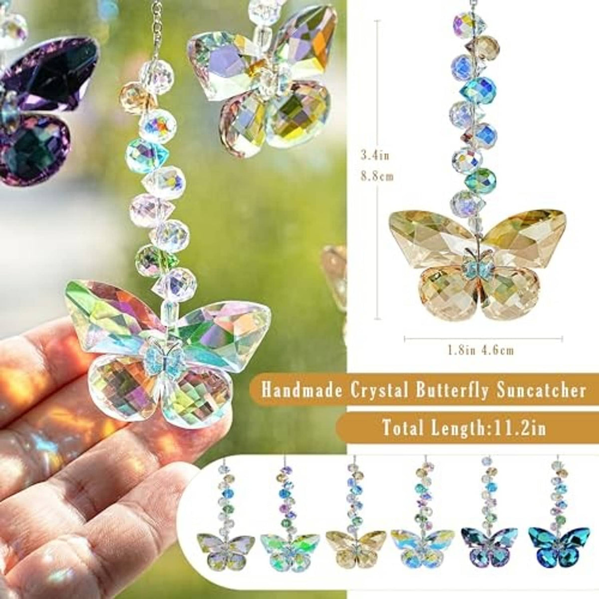 Crystal butterfly suncatcher with faceted butterfly charms on hanging chain, shown close-up