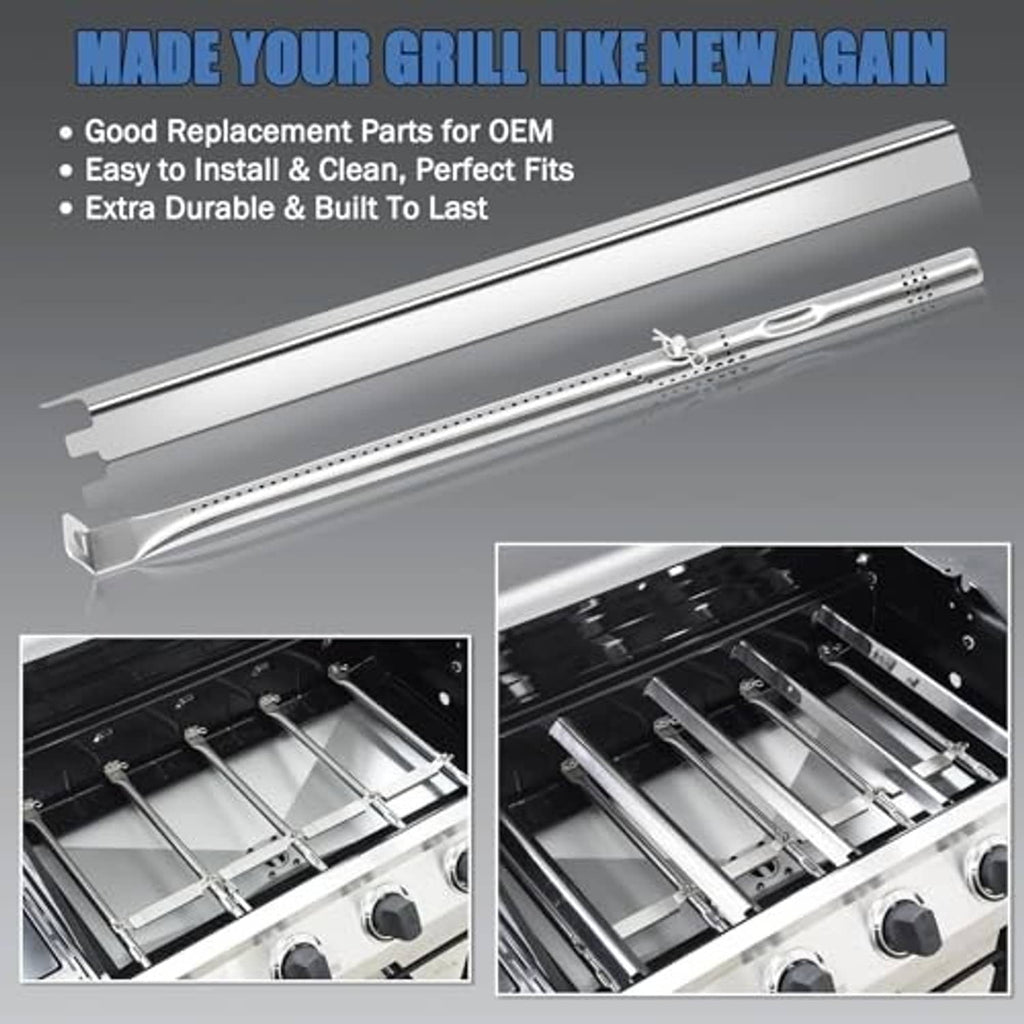 Stainless steel burner tube assembly for a 4-burner grill with installation view