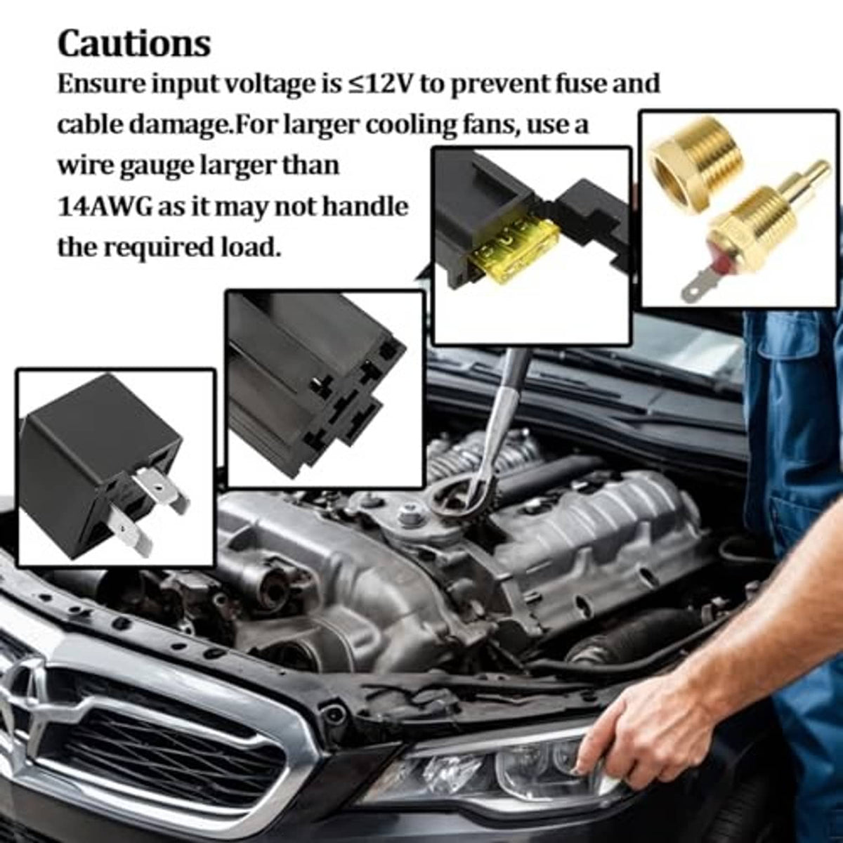 Cooling fan relay kit shown near car engine with relay, wiring, and gold temperature switch