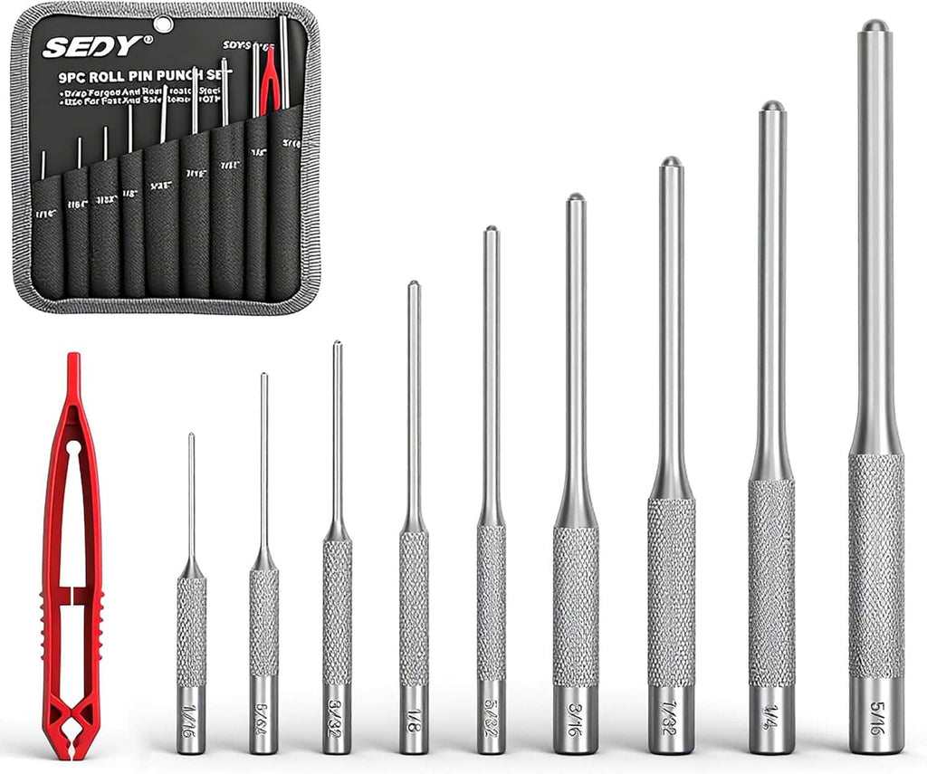 Roll pin punch set featuring steel punches with knurled grip sections and red handle