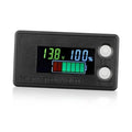 Black battery monitor with LCD showing 13.8V, 100%, and two round side buttons