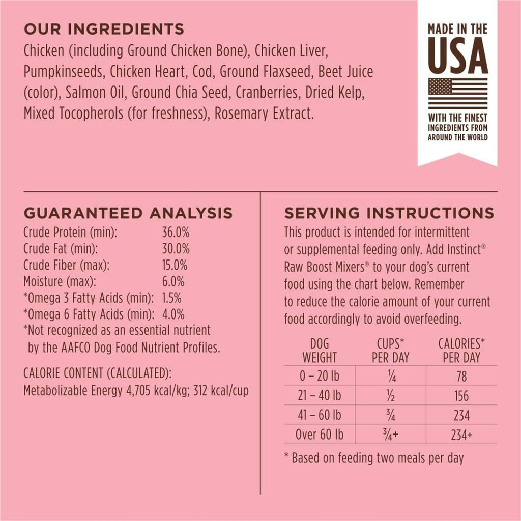 Dog food topper back label with ingredients, guaranteed analysis, and serving instructions