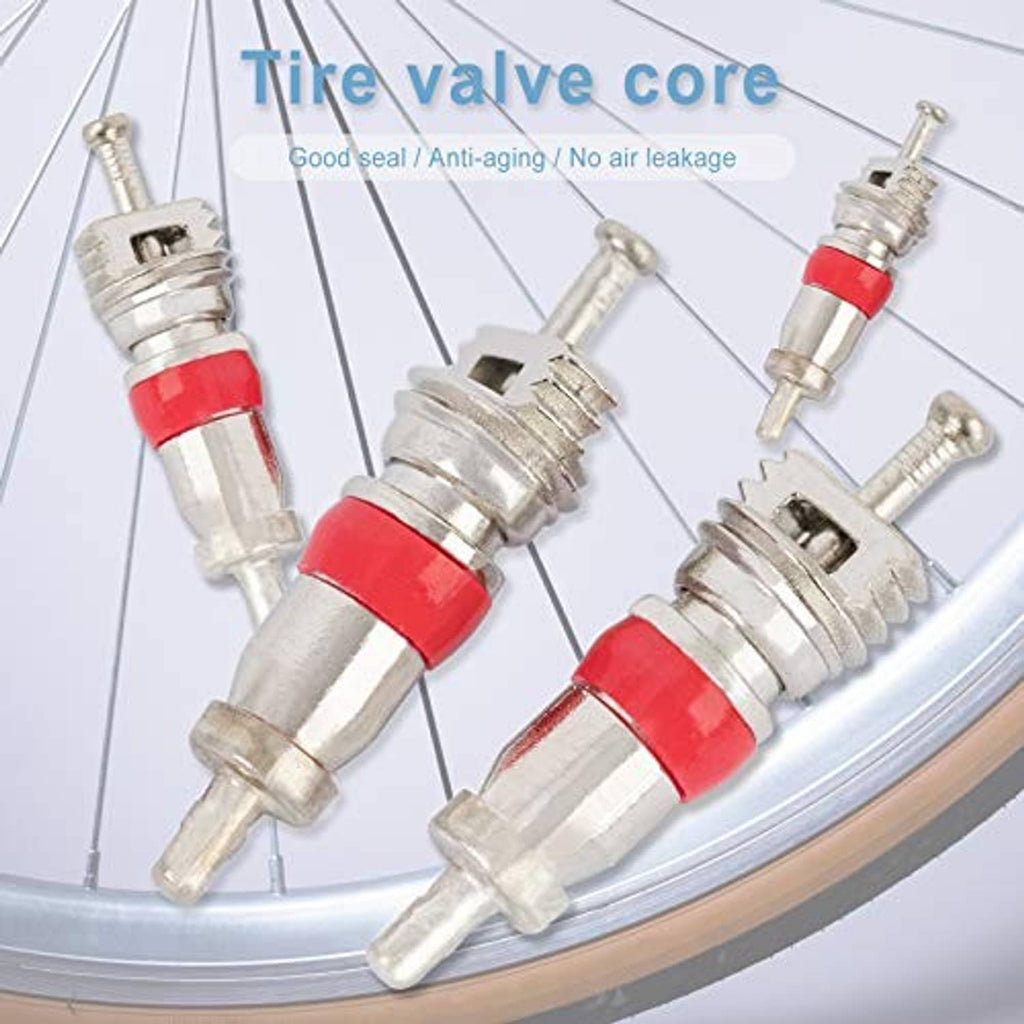 Tire valve core pair with red seal rings and silver metal valve stems