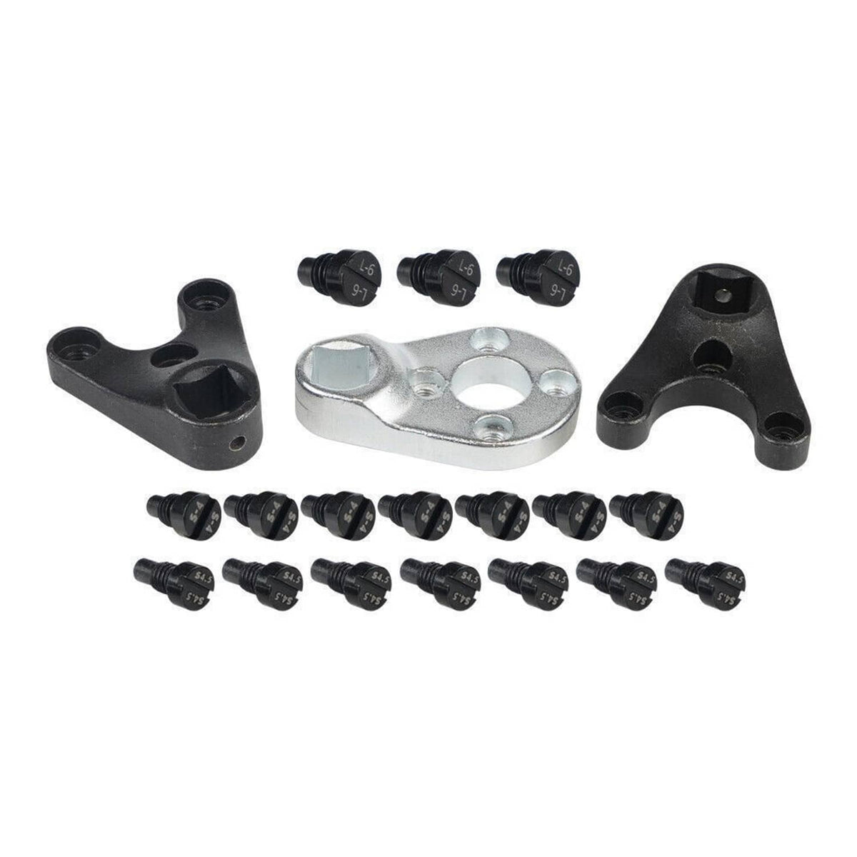 Outboard trim tilt pin wrench tool set with three brackets and multiple black fasteners